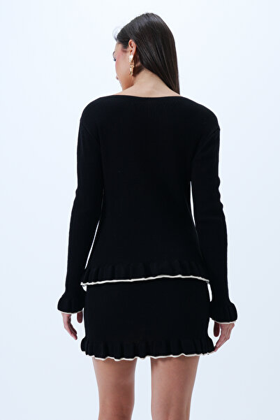 Trend Alaçatı Stili Women's Black Boat Neck Ruffle Detailed Knitwear Skirt and Blouse Set Alc-X14287