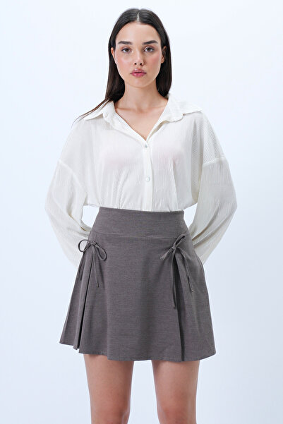 Trend Alaçatı Stili Női barna masni részletes redőzött rejtett cipzáras szőtt rövidnadrág szoknya ALC-X14328