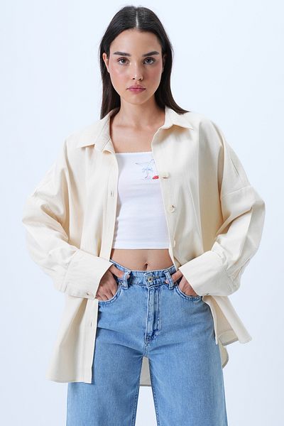 Trend Alaçatı Stili Women's Cream Dobby Wide Cuff Gabardine Shirt Jacket Alc-X14326