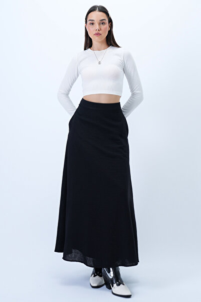Trend Alaçatı Stili Women's Black Lined Double Pocket Hidden Zipper Woven Flared Skirt Alc-X14327