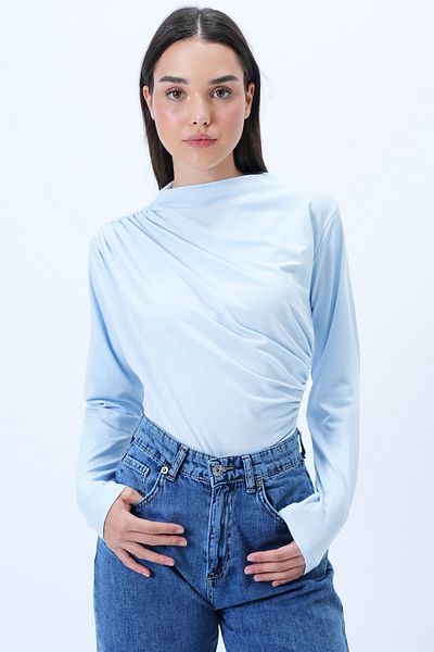 Trend Alaçatı Stili Bluză crop Sandy pentru femei, albastru gheață, cu guler ridicat, cu umăr ALC-X9554