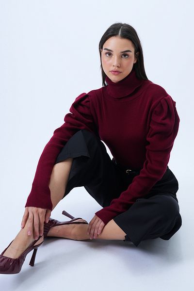 Trend Alaçatı Stili Women's Burgundy Turtleneck Princess Sleeve Knitwear Sweater Alc-X14291