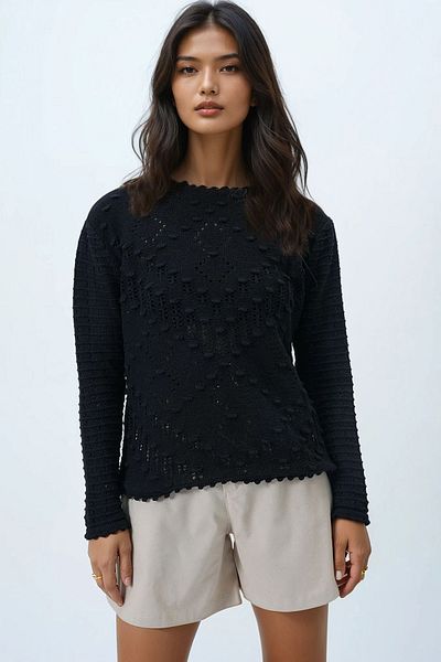Trend Alaçatı Stili Women's Black Crew Neck Embossed Motif Seasonal Knitwear Blouse Alc-X14329