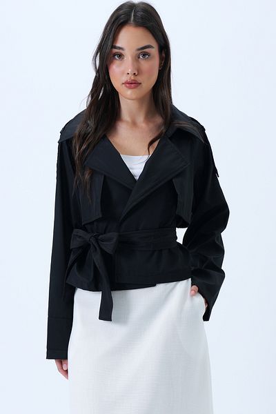 Trend Alaçatı Stili Women's Black Short Seasonal Trench Coat with Belt Alc-X14313
