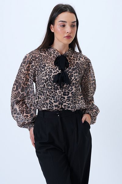 Trend Alaçatı Stili Leopard Judge Collar Bow Patterned Woven Shirt and Adjustable Strap Blouse Set Alc-X14324