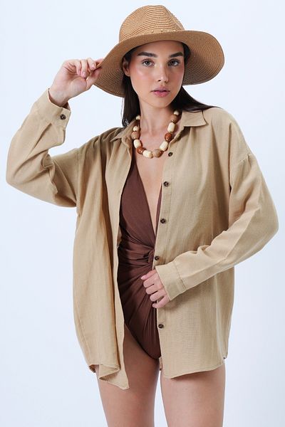 Trend Alaçatı Stili Women's Camel Flam Linen Oversize Woven Shirt Alc-X14282