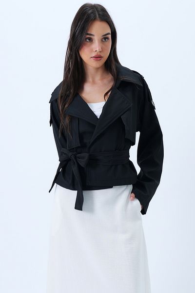 Trend Alaçatı Stili Women's Black Short Seasonal Trench Coat with Belt Alc-X14313