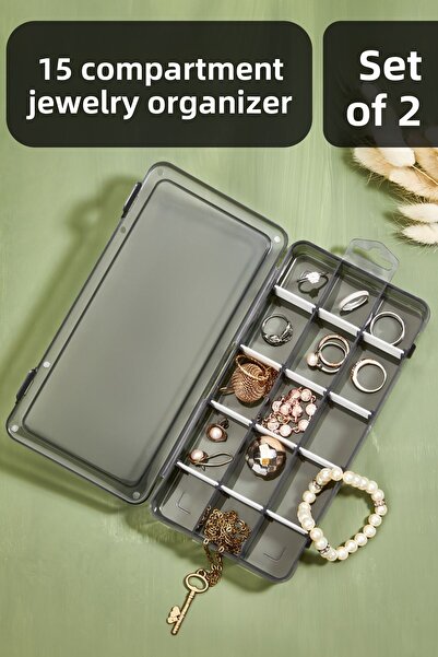 Fesya Home صندوق مجوهرات قابل للتعديل مكون من قطعتين باللون الأسود الشفاف مكو...