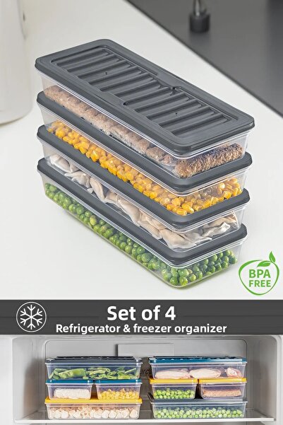 SAVLAR منظم ثلاجة أنثراسايت مكون من 4 قطع - حاوية تخزين متوافقة مع الفريزر وا...