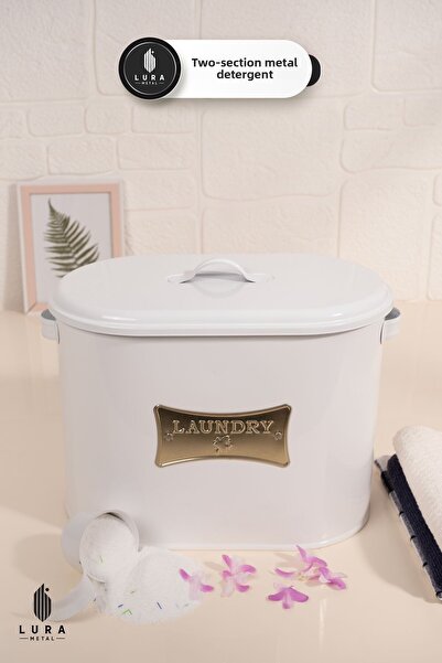 Lura Metal 2 Compartments White Metal Lid Metal Tablet and Powder Detergent Storage Box - 12 Lt