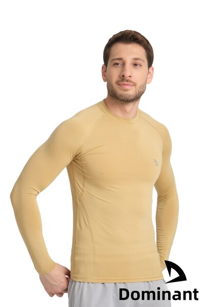 DOMİN SPOR Ανδρικό μακρυμάνικο χρυσό μπεζ Lycra Fit Compression αθλητικό μπλουζάκι σώματος