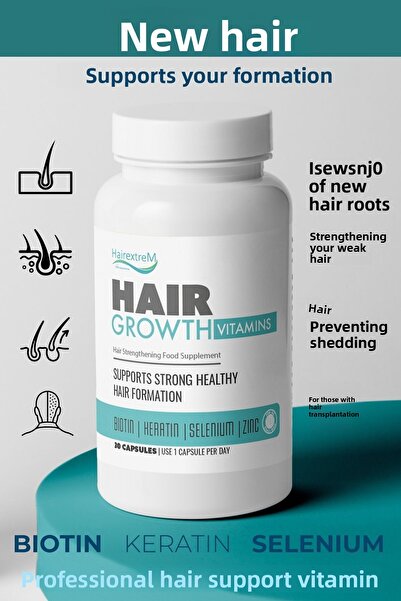 hairextrem دعم فيتامين مع الشعر الرجالي، والأظافر، والفيتامينات، والزنك، والسيلينيوم، والبيوتين، والكيراتين، 30 قطعة.