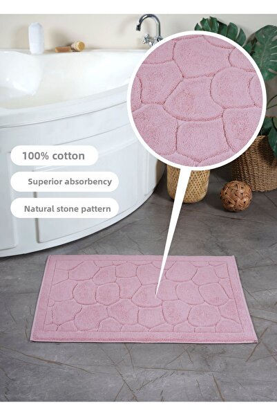 Ellaline 2 Pack Foot Towel 100% Cotton Certified, Stone and Striped Patterned Jacquard Bath Mat Pink 50X70Cm