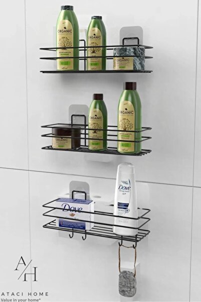 ATACI طقم حمام مقاوم للصدأ - 3 قطع، 4 خطافات، حامل شامبو لاصق أسود غير لامع