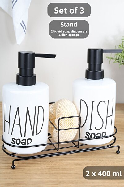 Meleni Home White Set of 2 Sponge Soap Dispensers with Metal Stand - Kitchen Liquid Soap and Dishwashing Detergent Bottle 400ml