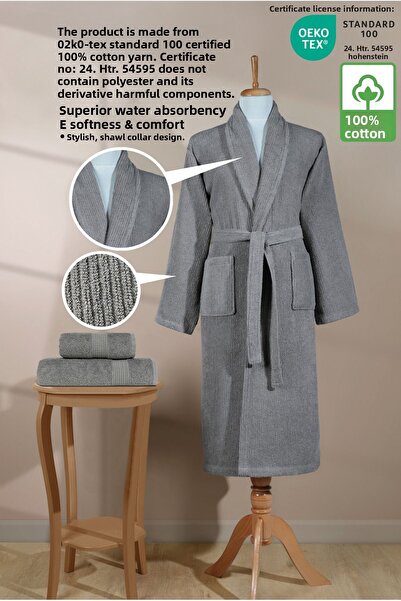 Ellaline Σετ ριγέ μπουρνούζι 100% βαμβάκι πιστοποιημένο 3 τεμαχίων σαλιάρα μπουρνούζι και σετ πετσετών κεφαλιού γκρι χρώμα