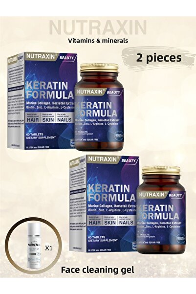 Nutraxin قرص الكيراتين بتركيبة 60 - مكمل غذائي (2 قطعة) + 100 مل جل منظف للوجه