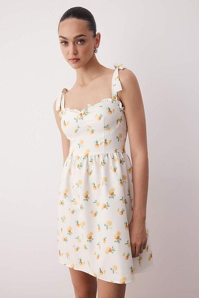 Trendyol Collection Ecru Skirt Flounced Fruit Patterned Mini Woven Dress Twoss25El00877