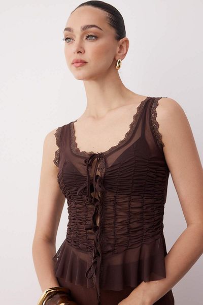 Trendyol Modest Dark Brown Straight Square Collar Sleeveless Woven Tulle Party Blouse Tprss25Bz00052