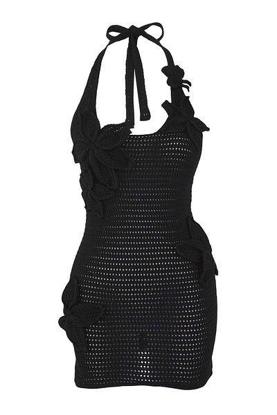 Trendyol Collection Черно цвете с детайли, връзващо се на врата трико кроше плажно рокля TBESS25EL00145