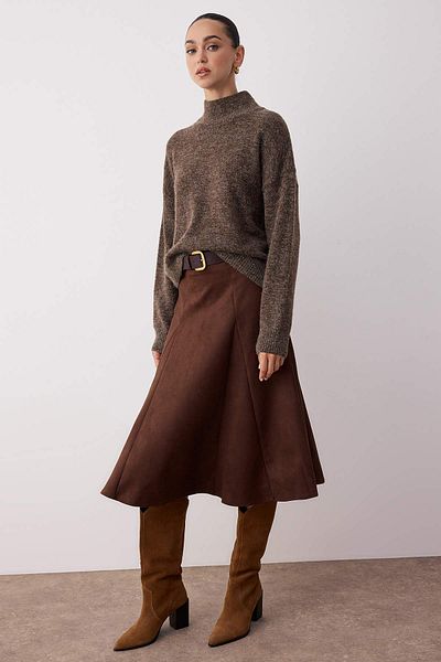 Trendyol Collection Brown A-Line/ A-Line Woven Suede Midi Skirt Twoaw26Et00028