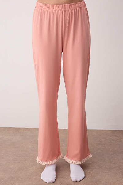 Trendyol Collection Set de pijamale tricotate cu guler dublu cu volane, 100% bumbac, somon THMAW26PT00002