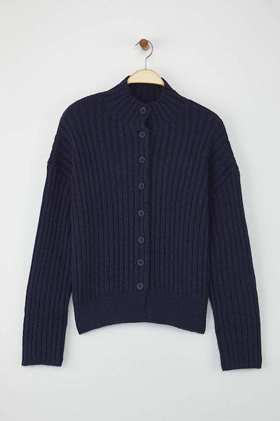 Trendyol Collection Navy Blue Stand Collar Wide Fit Ribbed Soft Textured Knitwear Cardigan Twoaw26Hi00091