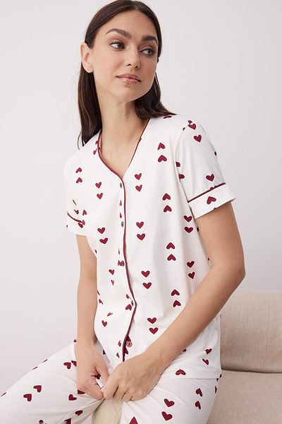 Trendyol Collection White Cotton Lycra Soft Tuşe Heart Piping Knitted Pajamas Set Thmaw26Pt00075