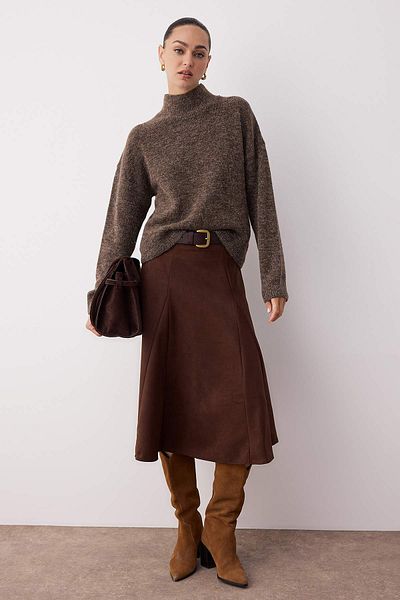 Trendyol Collection Brown A-Line/ A-Line Woven Suede Midi Skirt Twoaw26Et00028