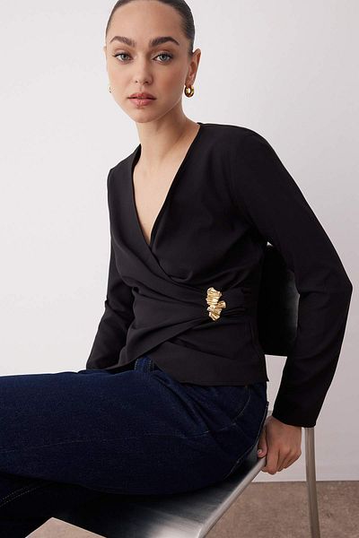 Trendyol Collection Bluză neagră cu cataramă dublu piept TWOAW26BZ00142