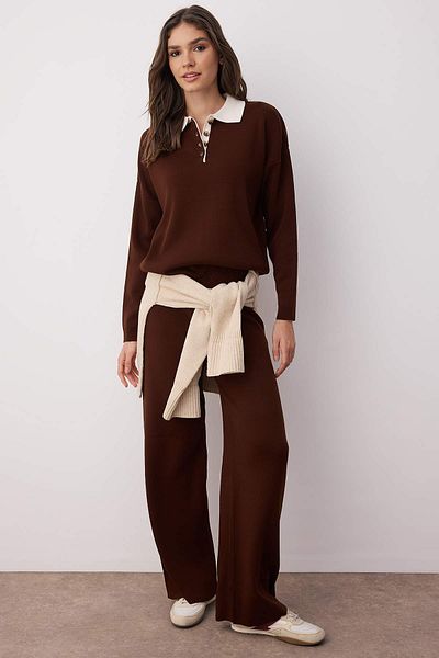 Trendyol Collection Brown Polo Neck Color Block Sweater-Pants Knitwear Bottom - Top Set Twoaw26Au00011
