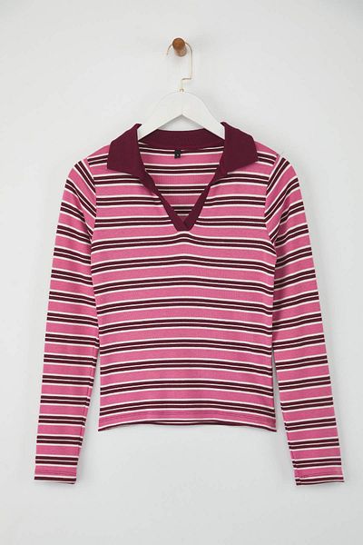 Trendyol Collection Ροζ ριγέ γιακά πόλο πλεκτή μπλούζα TWOAW26BZ00034