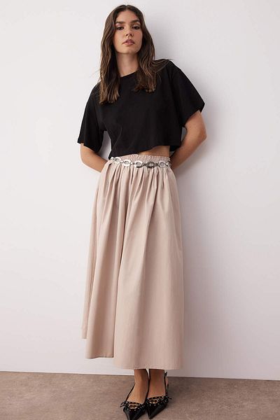 Trendyol Collection Beige Flared Maxi Elastic Waist Skirt Twoss25Et00017