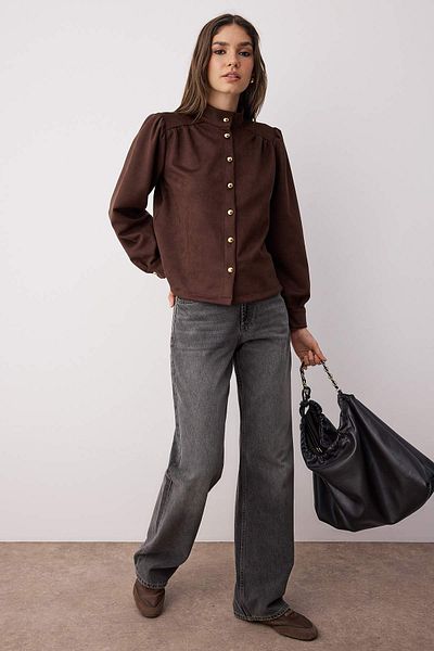 Trendyol Collection Dunkelbraune, schmale Wildlederjacke mit Knopfleiste TWOAW26CE00030