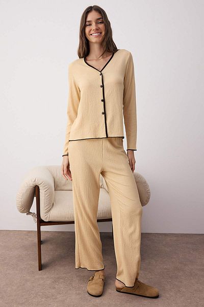 Trendyol Collection Beige Button and Bias Textured Wrap Knitted Pajama Set Thmaw26Pt00097