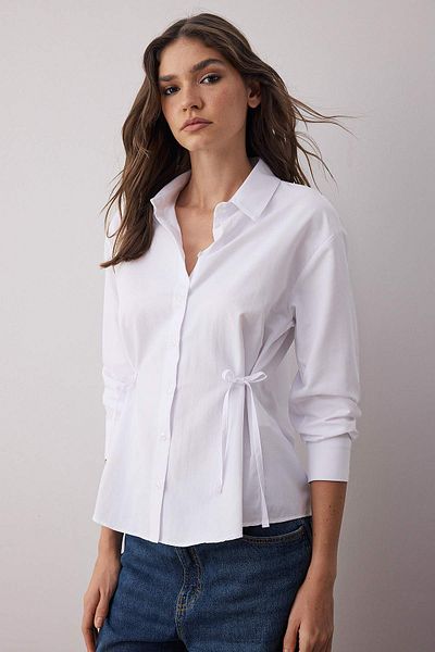 Trendyol Collection White Waist Ribbon Detailed Regular Woven Shirt Twoaw26Go00006