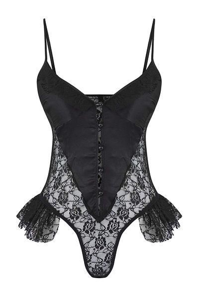 Trendyol Collection Black Lace and Satin Ruffled Unlined Bodysuit with a Marriage Thmaw26Bd00003