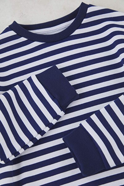 TRENDYOLKIDS Sötétkék pamut csíkos normál fiú kötött alsó-felső szett TKDAW26AU00005