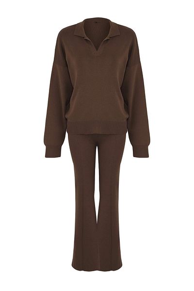 Trendyol Collection Wardrobe Essentials Brown Scoop Collar Cotton Sweaterpants Knitwear Bottom-Top Set |   Twoaw26Au00002Au00002