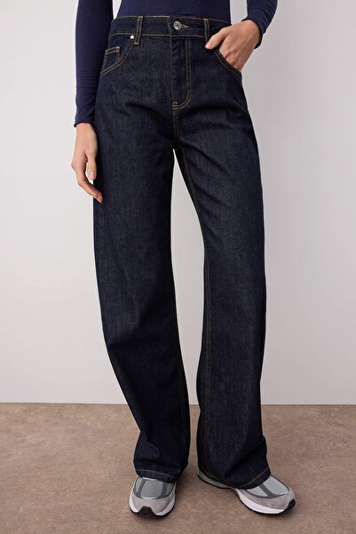 Trendyol Collection Sötétkék magas derekú széles szárú farmer TWOAW26JE00007