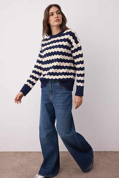 Trendyol Collection Pulover de tricotaj cu textura moale, albastru bleumarin, cu model lat ajurat/perforat TWOAW26KZ00157