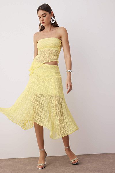 Trendyol Collection Light Yellow Straight Strapless Sleeveless Knitted Lace Stylish/Evening Bottom - Top Set Tprss25Au00011
