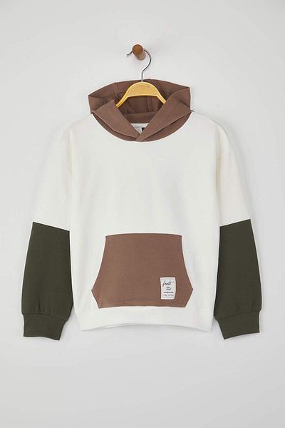 TRENDYOLKIDS Beige*001 Boy's 100% Cotton Solid Hooded Oversize Long Sleeve Knitted Sweatshirt Tkdaw26Sw00007