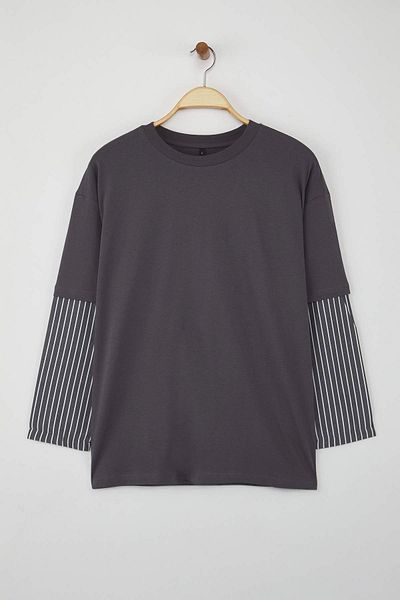 Trendyol Collection Anthracite Woven Garnish Detailed Oversize/Wide Fit Long Sleeve Knitted T-Shirt Twoaw26Ts00003