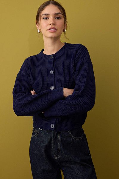 Trendyol Collection Navy Blue Crew Neck Thessaloniki Knitwear Cardigan Twoaw26Hi00123