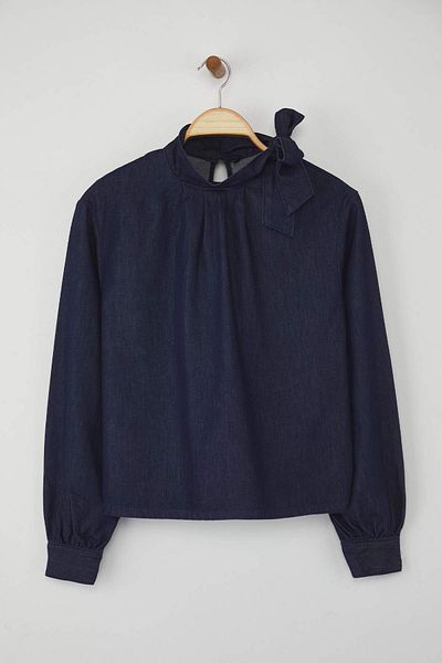 Trendyol Collection Dark Blue Collar Detailed Denim Blouse Twoaw26Bz00089