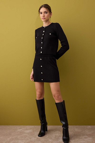 Trendyol Collection Black Crop Soft Textured Cardigan-Skirt Knitwear Bottom - Top Set Twoaw26Au00025