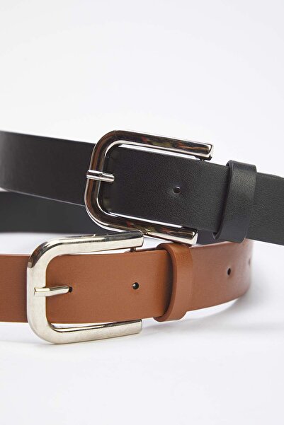 Trendyol Collection Black-Tan 2-Pack Leather Look Belt Twoaw26Ke00002