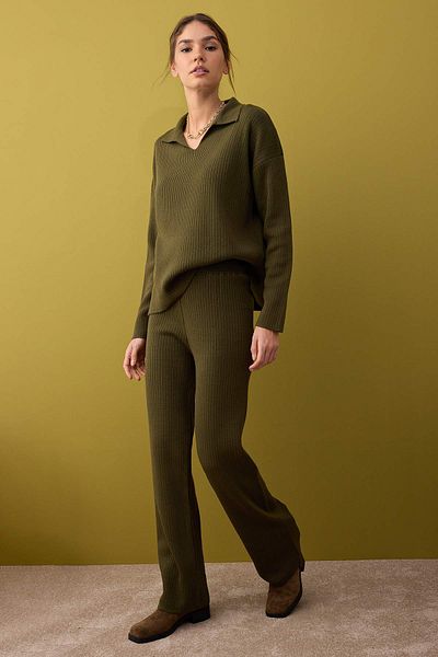 Trendyol Collection Khaki Basic Polo Collar Sweater-Pants Knitwear Bottom - Top Set Twoaw26Au00021