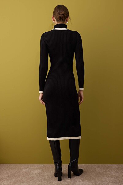 Trendyol Collection Black Color Block Midi Basic Turtleneck Knitwear Dress Twoaw26El00102
